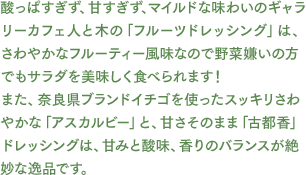 酸っぱすぎず、甘すぎず、マイルドな味わいのギャラリーカフェ人と木の「フルーツドレッシング」は、さわやかなフルーティー風味なので野菜嫌いの方でもサラダを美味しく食べられます！また、奈良県ブランドイチゴを使ったスッキリさわやかな「アスカルビー」と、甘さそのまま「古都香」ドレッシングは、甘みと酸味、香りのバランスが絶妙な逸品です。